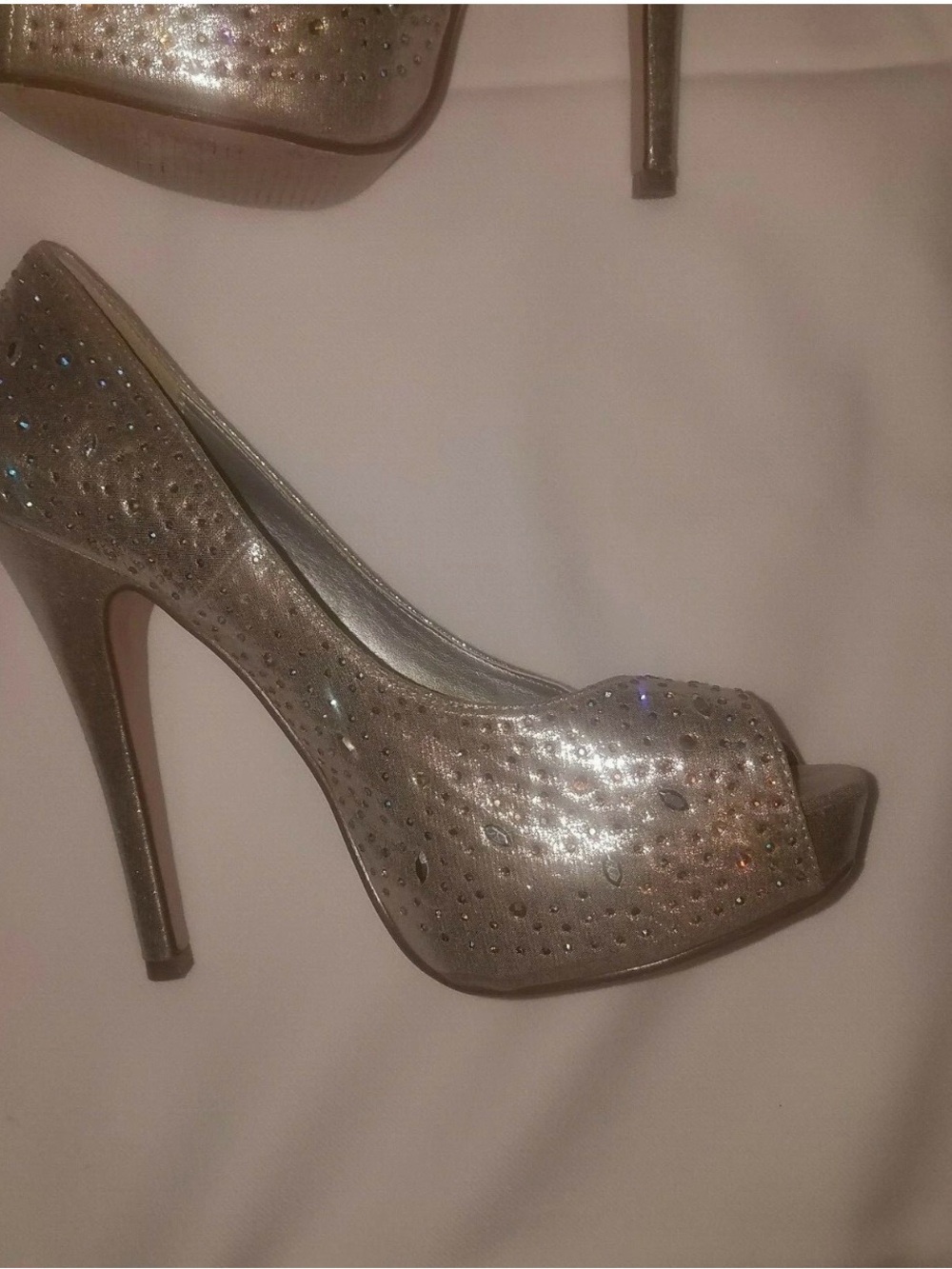 Metallic Silver Peep-Toe High Heel Pumps with Rhinestone Accents